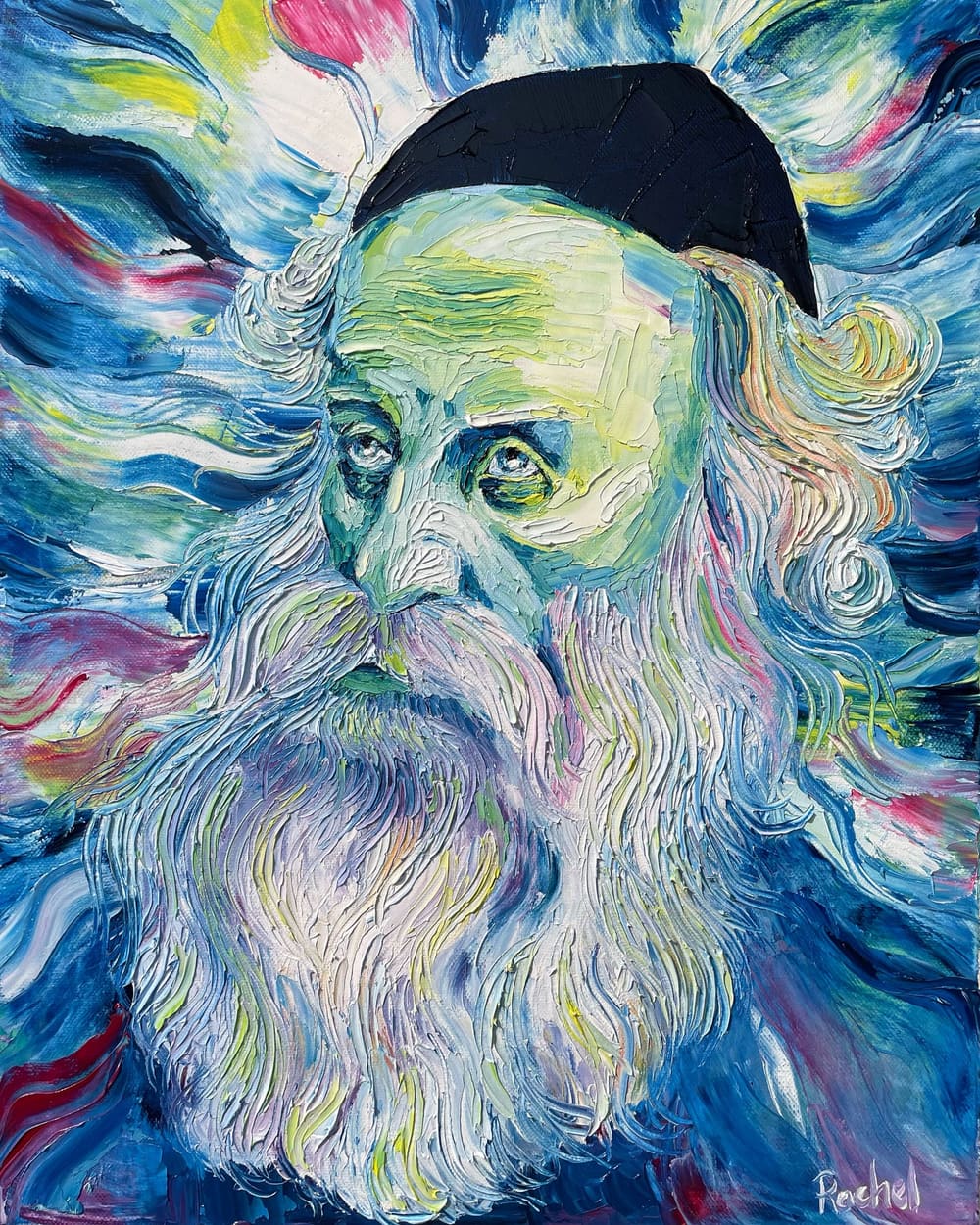 Palette knife oil portrait of the Alter Rebbe, white beard and dark kippah, upward gaze, swirling blue background