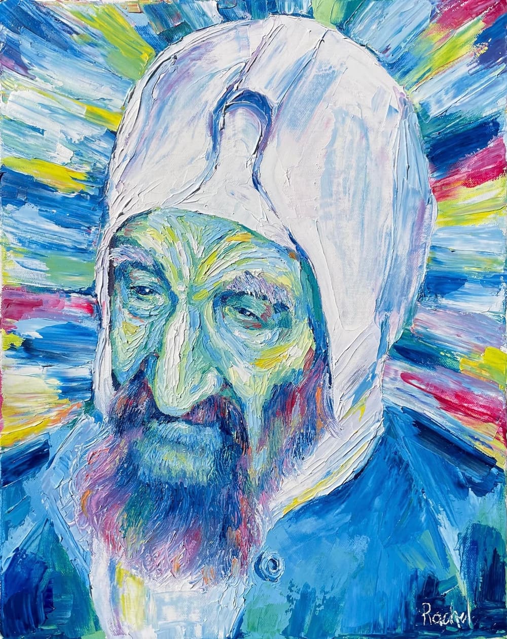 Palette knife oil portrait of the Baba Sali in cool blue tones