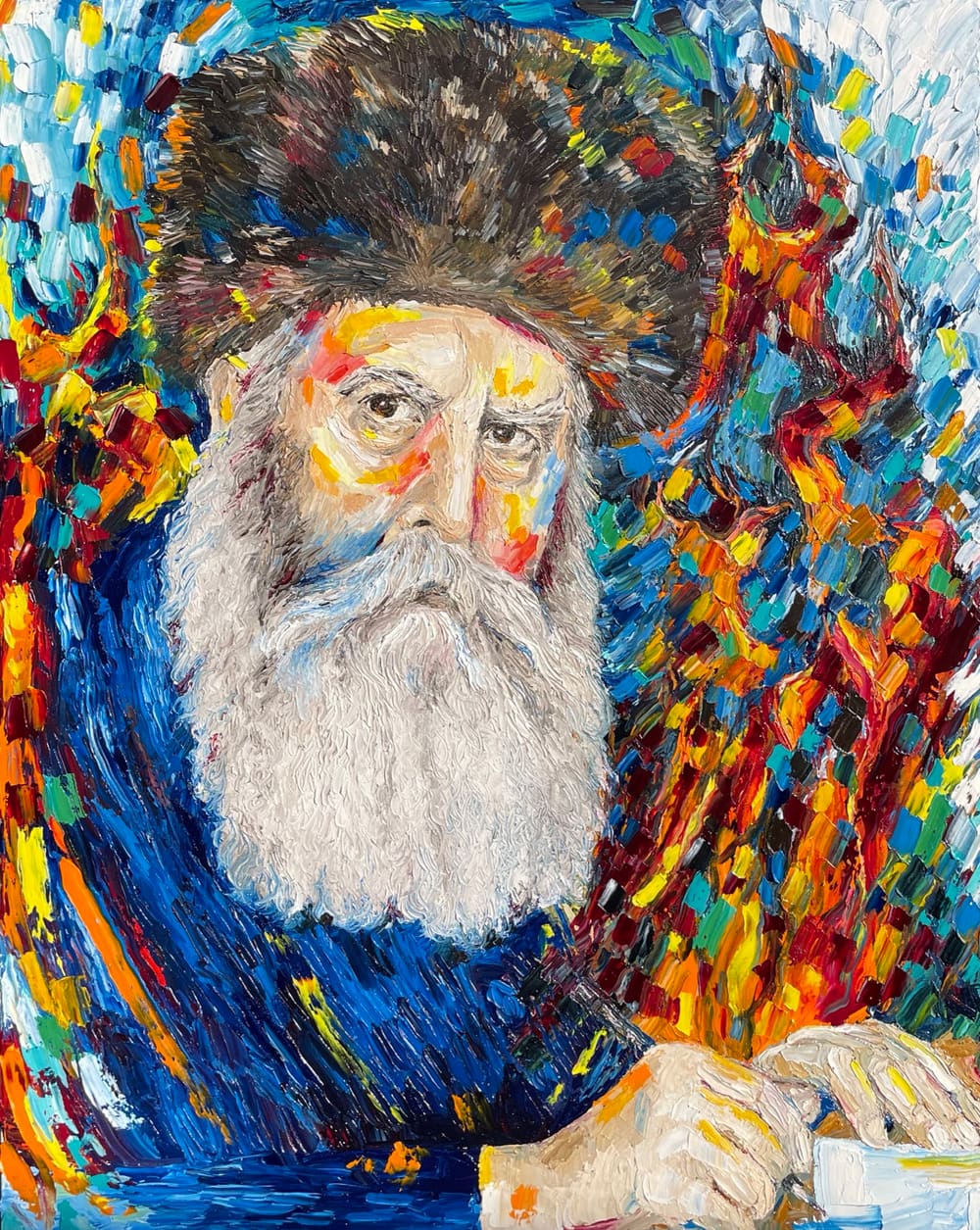 Palette knife oil portrait of the Frierdiker Rebbe in a fur hat and blue coat, bright mosaic color around him