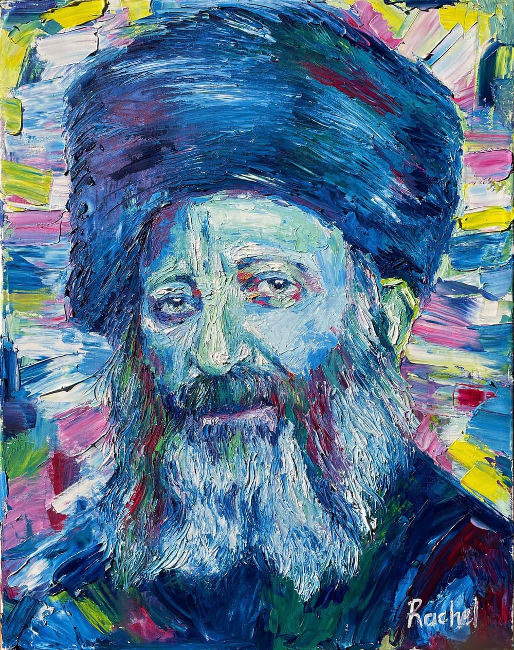 Palette knife oil portrait of HaRav Kook in a tall rabbinic hat, colorful strokes radiating from his head