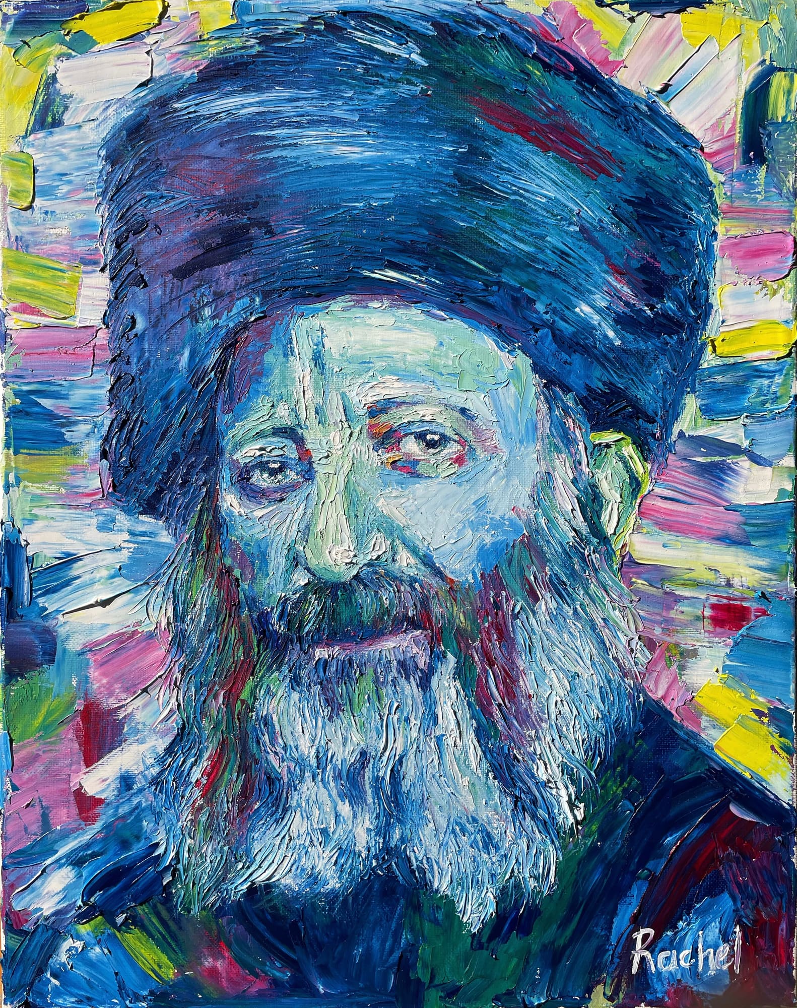 Palette knife oil portrait of HaRav Kook in a tall rabbinic hat, colorful strokes radiating from his head