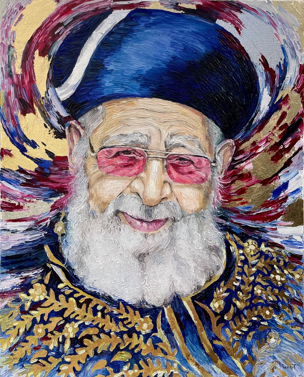 Palette knife oil portrait of Rav Ovadia Yosef in blue turban and gold embroidered robe, smiling behind tinted glasses