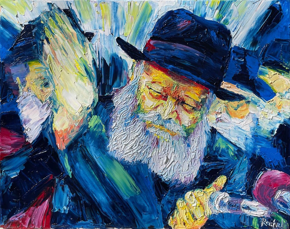 Palette knife oil painting of the Lubavitcher Rebbe at a farbrengen, eyes lowered, one palm raised, deep blue field
