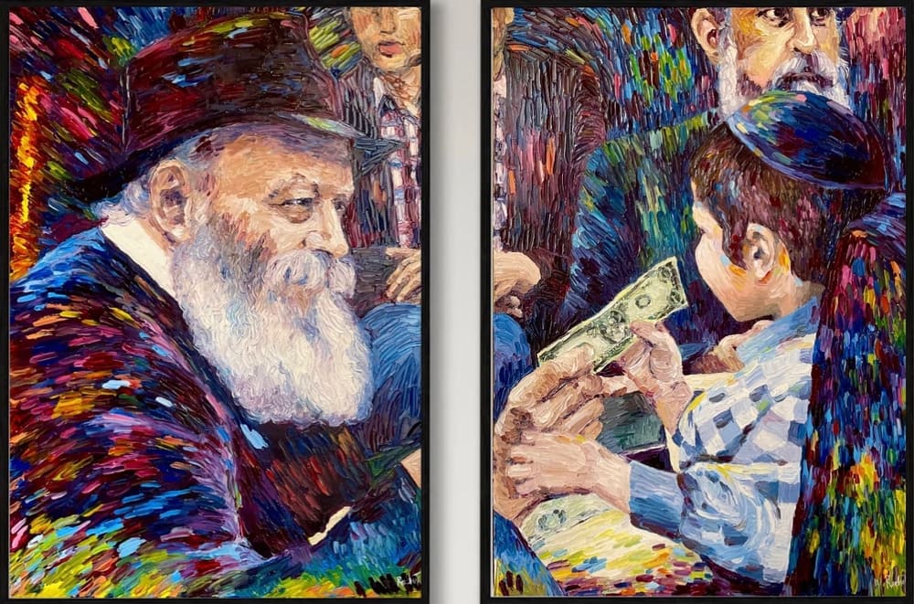 Diptych oil painting of the Lubavitcher Rebbe giving a dollar to a young boy