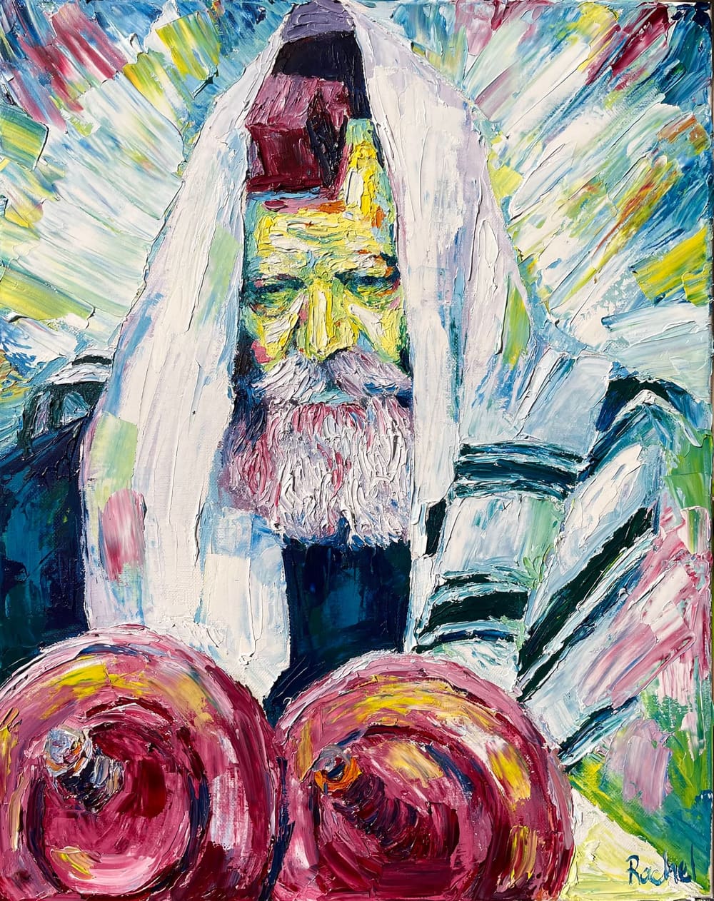 Palette knife oil painting of the Lubavitcher Rebbe holding a Sefer Torah