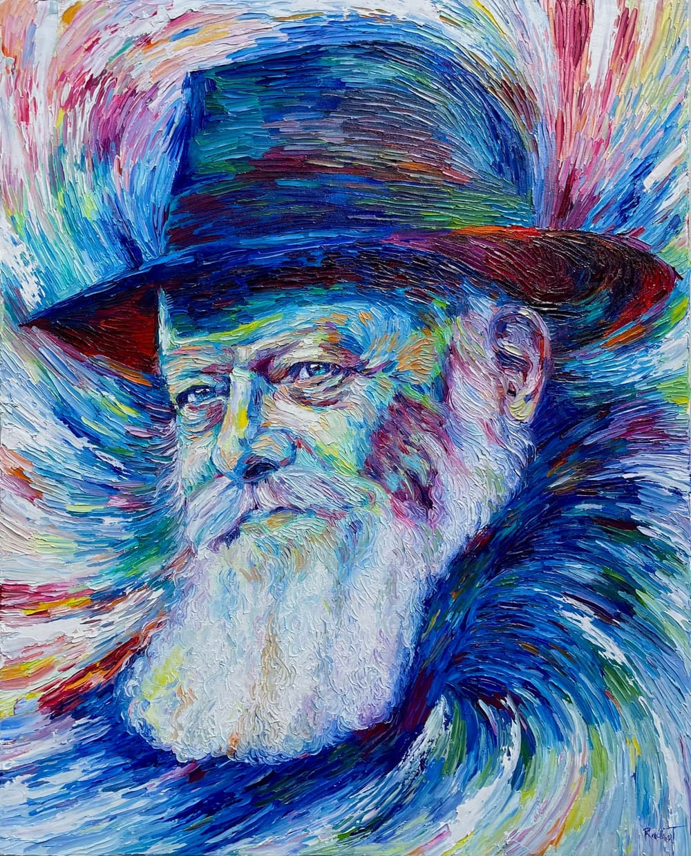 Palette knife oil portrait of the Lubavitcher Rebbe in a black hat, blue strokes spiraling outward around him