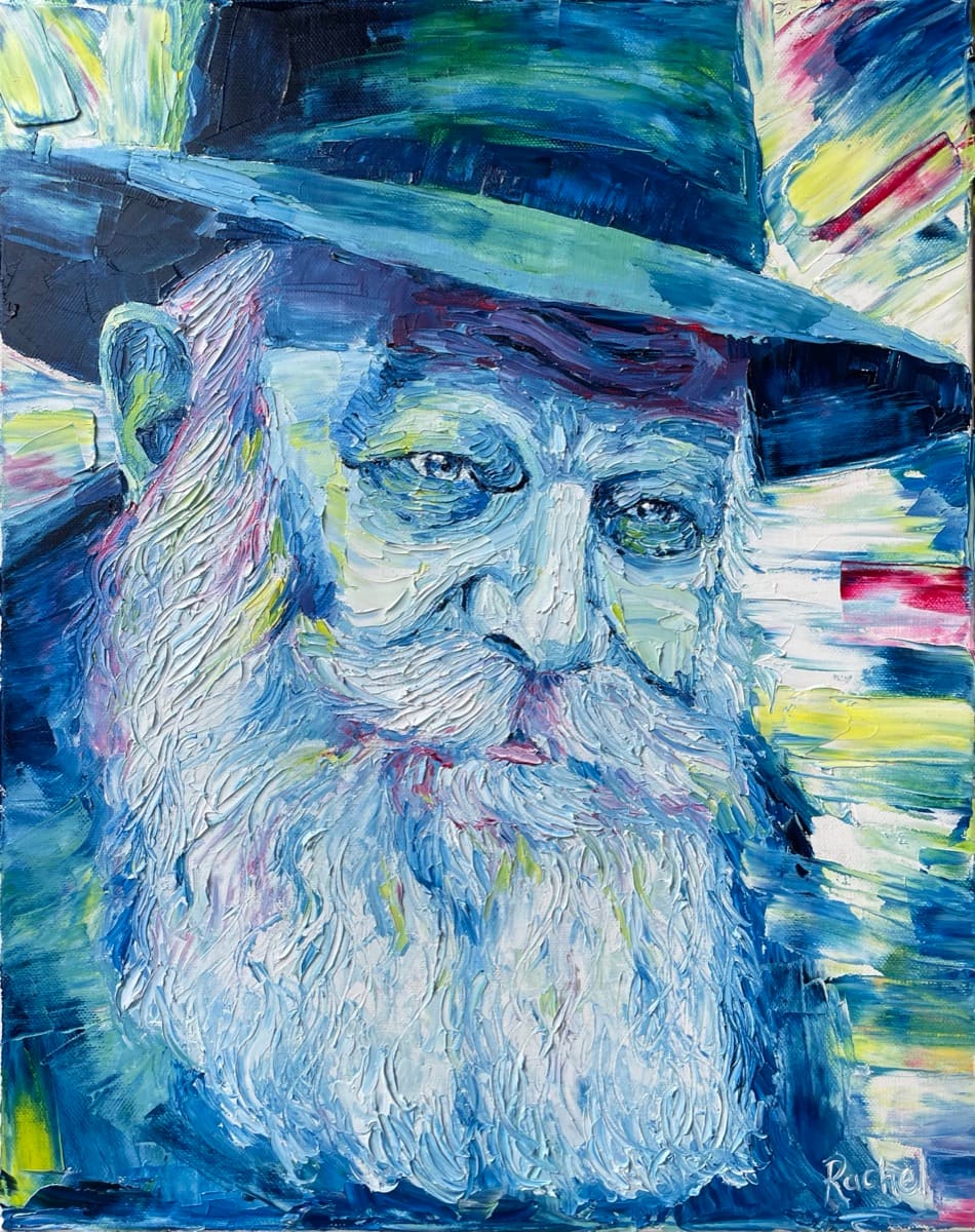 Palette knife oil portrait of the Rebbe in blues and white by Rachel Teeger