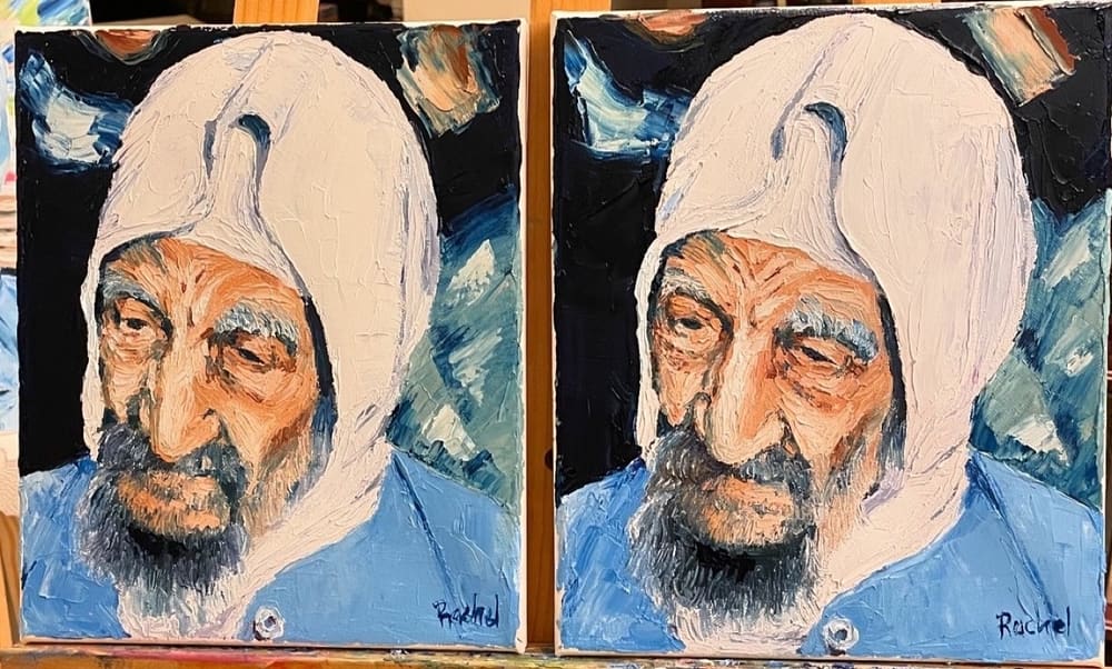 A pair of palette knife portraits of the Baba Sali in a white headscarf by Rachel Teeger, on easels in the studio
