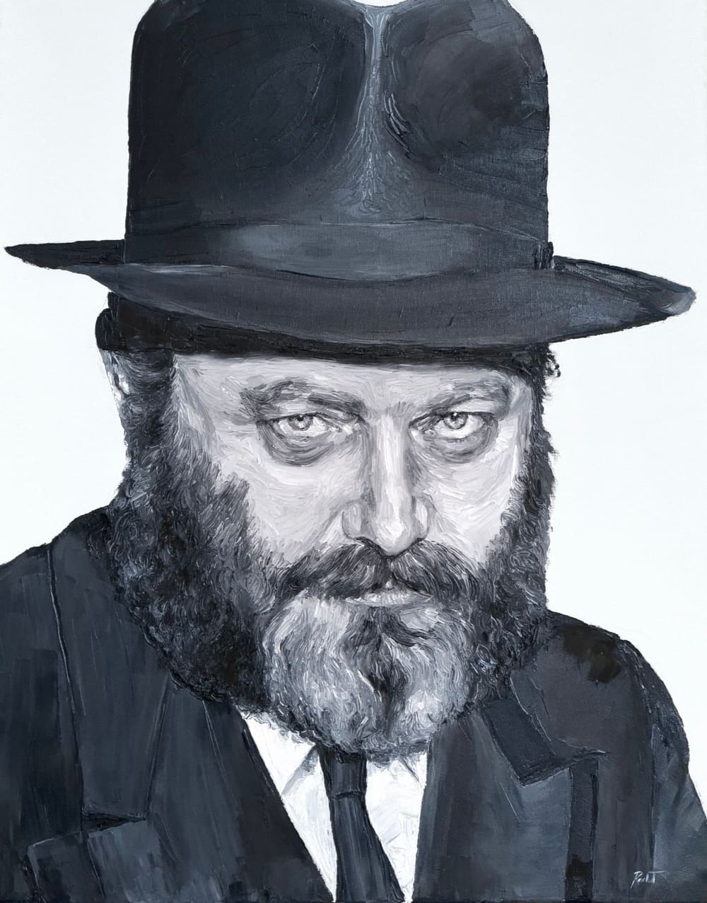 Black and white oil portrait of the young Lubavitcher Rebbe in a fedora with a dark beard